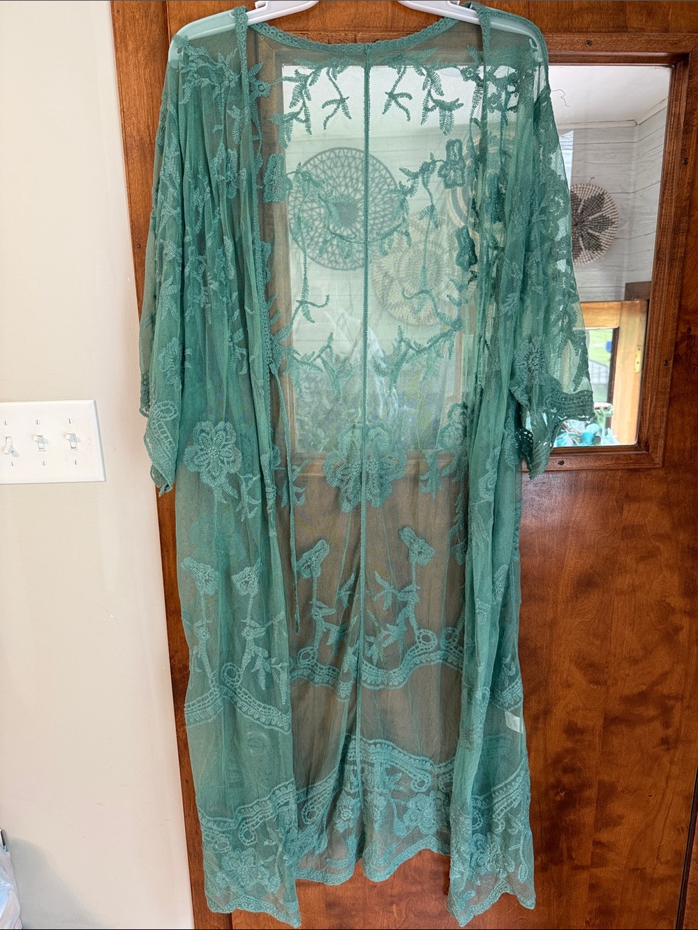 Sheer Embroidered Duster Kimono in Teal
